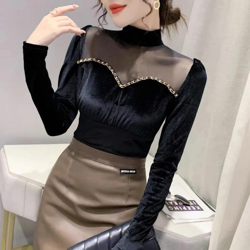 

Spring and Autumn Gold Velvet Bottoming Shirt for Women Fashionable and Sexy Mesh Long-sleeved Inner Half Turtleneck Top S чорний