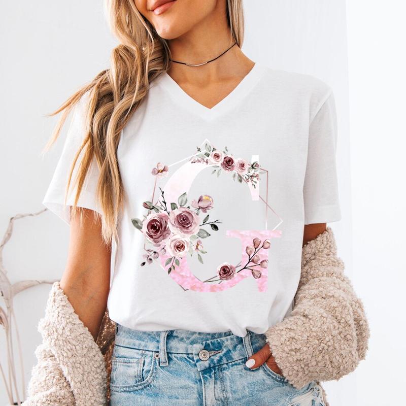 New Unisex T Shirt AZ Name Letter Print Short Sleeve Tee Letters ABCD Casual Tops Tees Floral Initial Unisexs VNeck TShirt