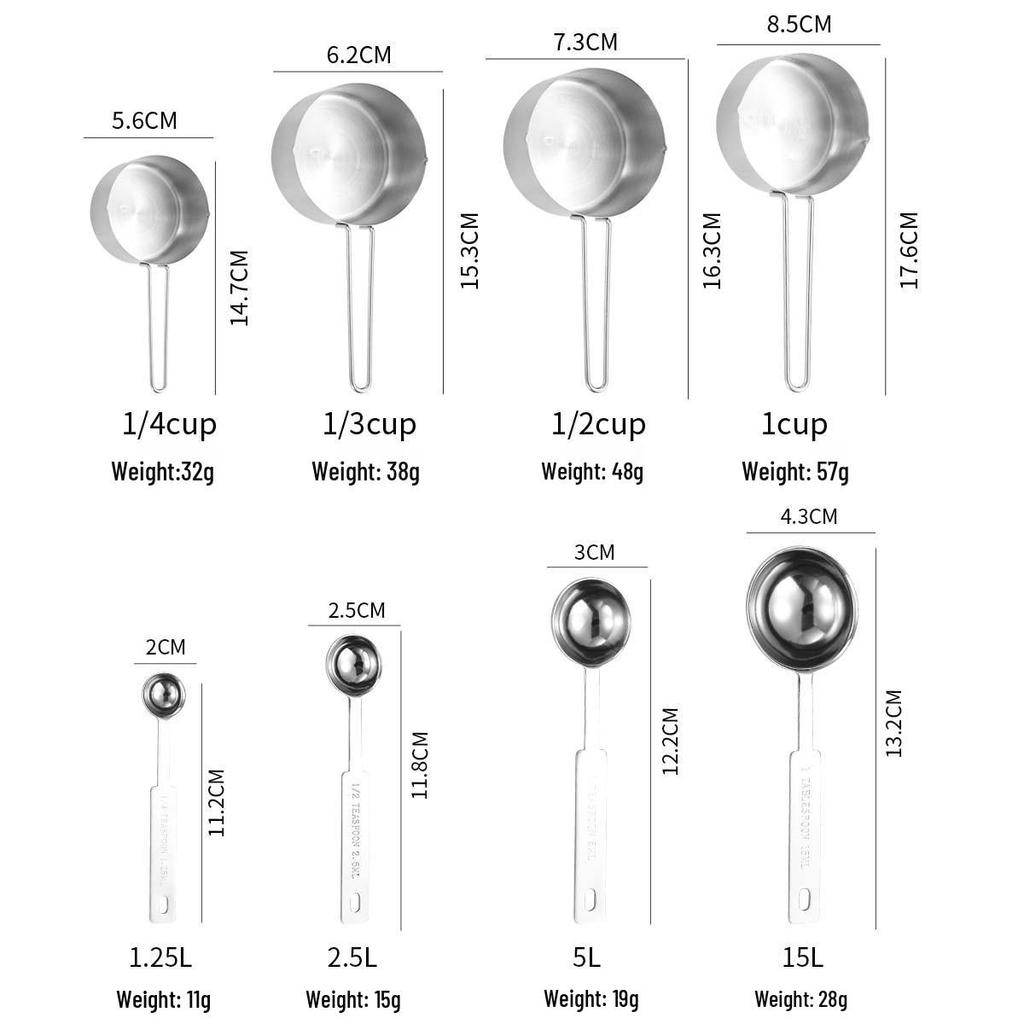 Stainless Steel Measuring Cup & Spoon Set for Coffee, Seasoning, Baking - 4 or 8 Piece Set.