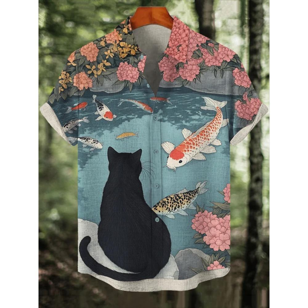 Animal Pattern, Fashion Trend, Street Outdoor, High-Quality And Comfortable Linen Men's Short Sleeved Casual Shirt
