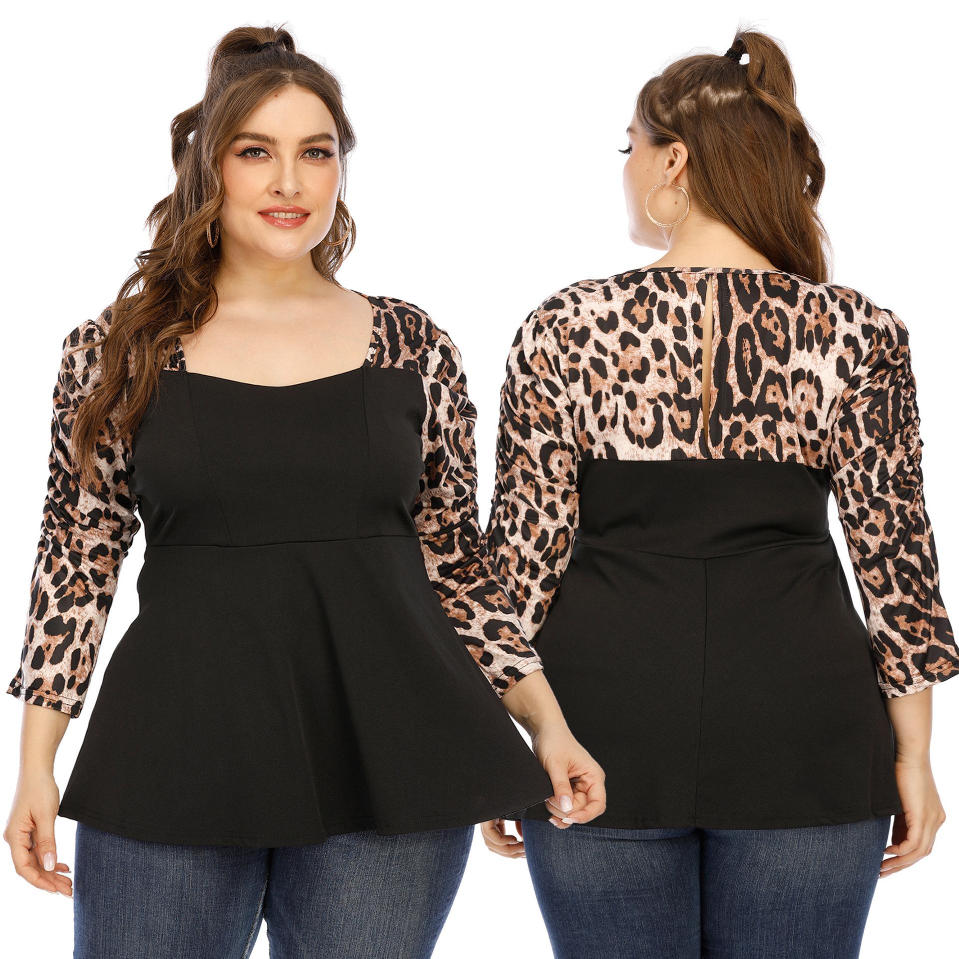 

Plus Size Women s Seven-quarter Sleeve Leopard Print Stitching fashion T-shirt Top 4XL чорний