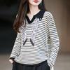 Women's French Polo Collar Knit Shirt with Scarf, Color Block Long Sleeve Autumn Sweater