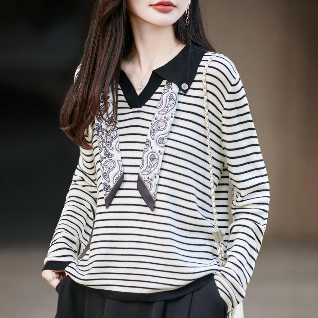 Women's French Polo Collar Knit Shirt with Scarf, Color Block Long Sleeve Autumn Sweater
