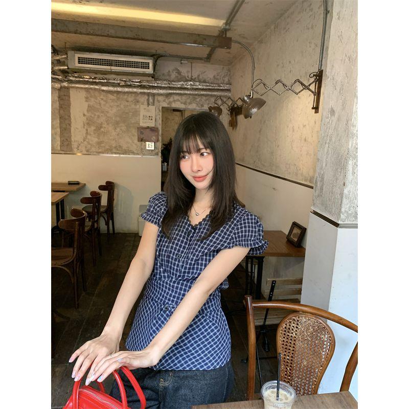 Kumikumi High Sense Retro Plaid Short sleeve Shirts Women Summer Niche Lace Edge Waist Hugging Slimming Top