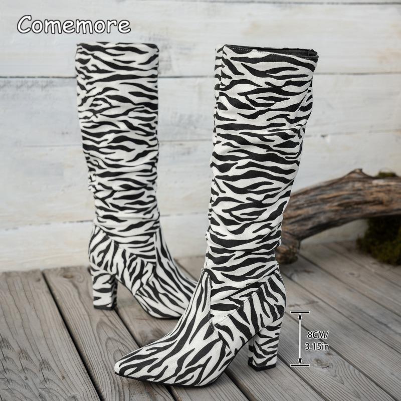 Fashion Sexy Leopard Soft Suede Pleated Knee-High Boots Women 2025 Autumn Pointed Toe High Heels Fashion Party Dress Slip on Booties