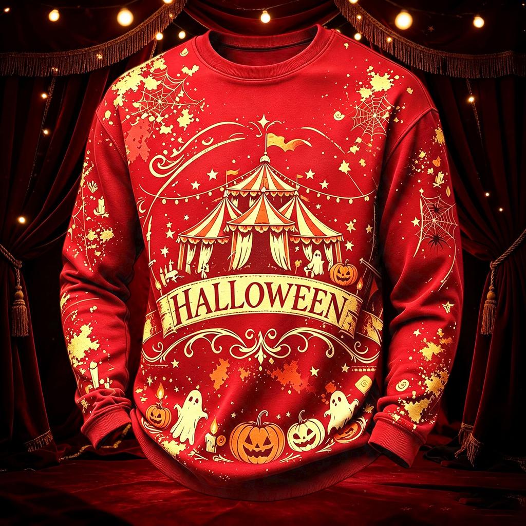 Men's Casual Round Neck Long Sleeve Top with Halloween Print