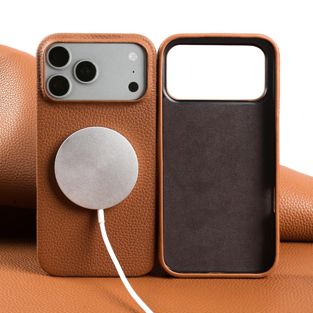 Litchi Genuine Leather Case for IPhone 17 Pro Max 18Pro 16 15 14 13 12 for Magsafe Luxury Genuine Leather Handmade Phone Cover