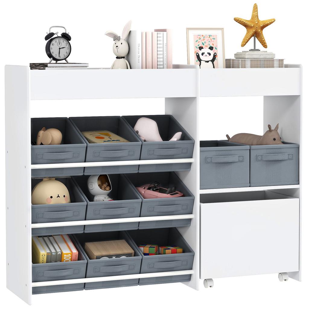 Kids' Storage Shelf, Toy Cabinet for Children with 11 Fabric Boxes, Upper Compartments, White