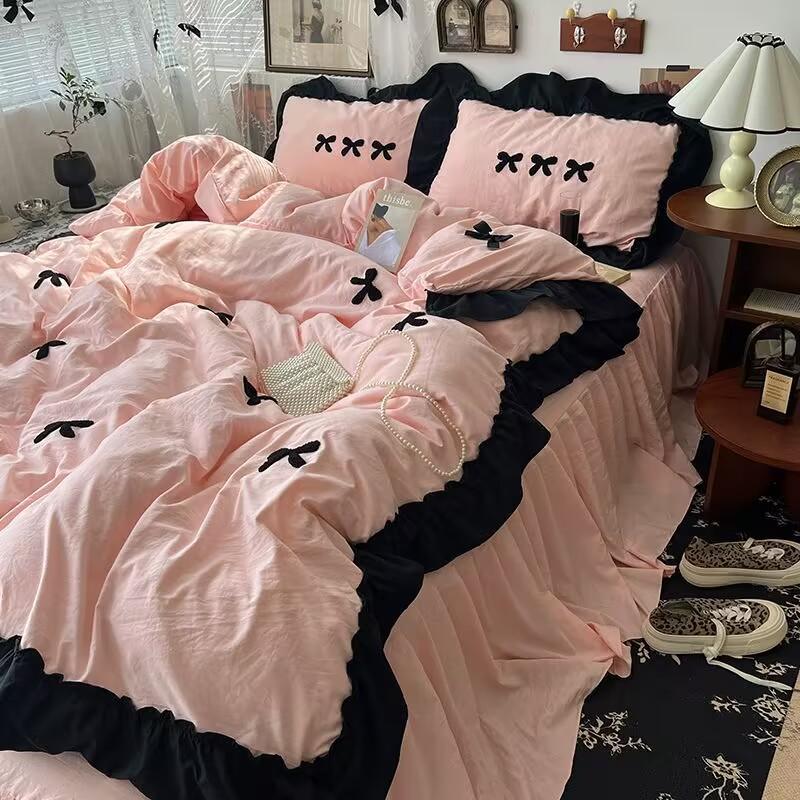 Ins Girl Bow Lace Washed Cotton Four-Piece Set Available For Four Seasons Bed Skirt Bedding 4 Dormitory Three-Piece Set