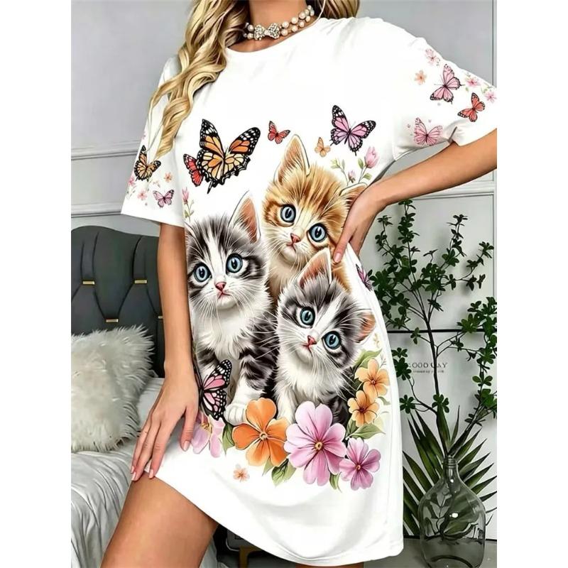Women Abstract Geometric 3D Cartoon Print Dress O Neck Short Sleeve Loose Casual Mini Dress Summer Daily Outfit Dresses