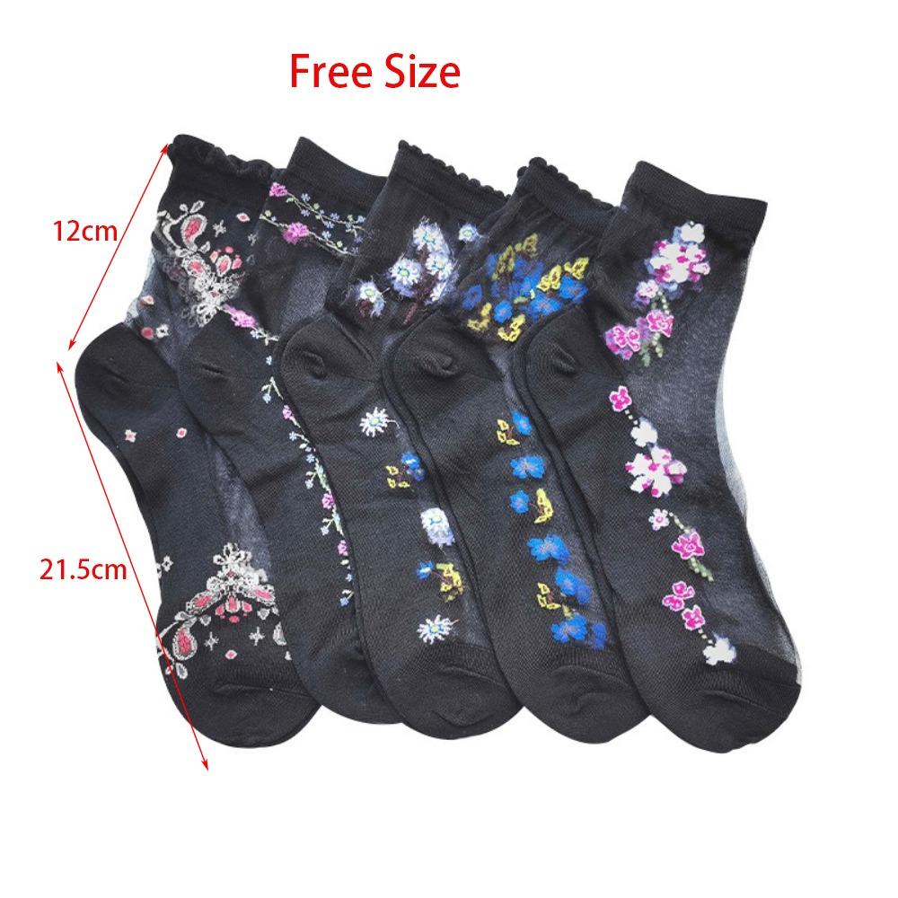 5 Pairs Flower Embroidery Calf Socks Breathable Hosiery New Ankle Sock  Summer