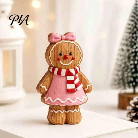 Christmas Party Supplies Cartoon Gingerbread Wooden Ornament, Double-sided Printed Desktop Tabletop Figurines, Character Figures Decorative Craft for