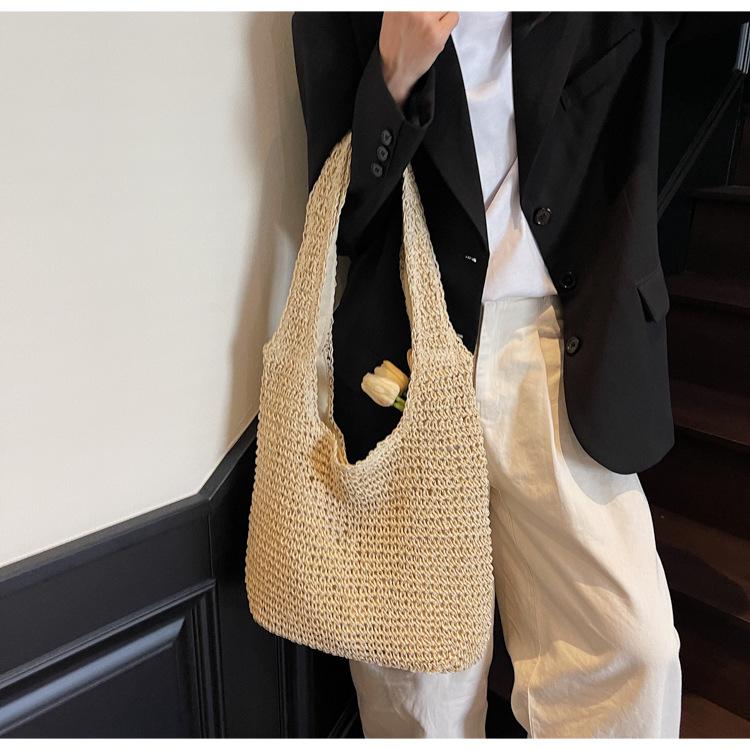 Lässige Urlaubs-Stroh-Webtasche Leichte Einfarbige Schulter Damenhandtasche Große Kapazität Stroh-Webtasche