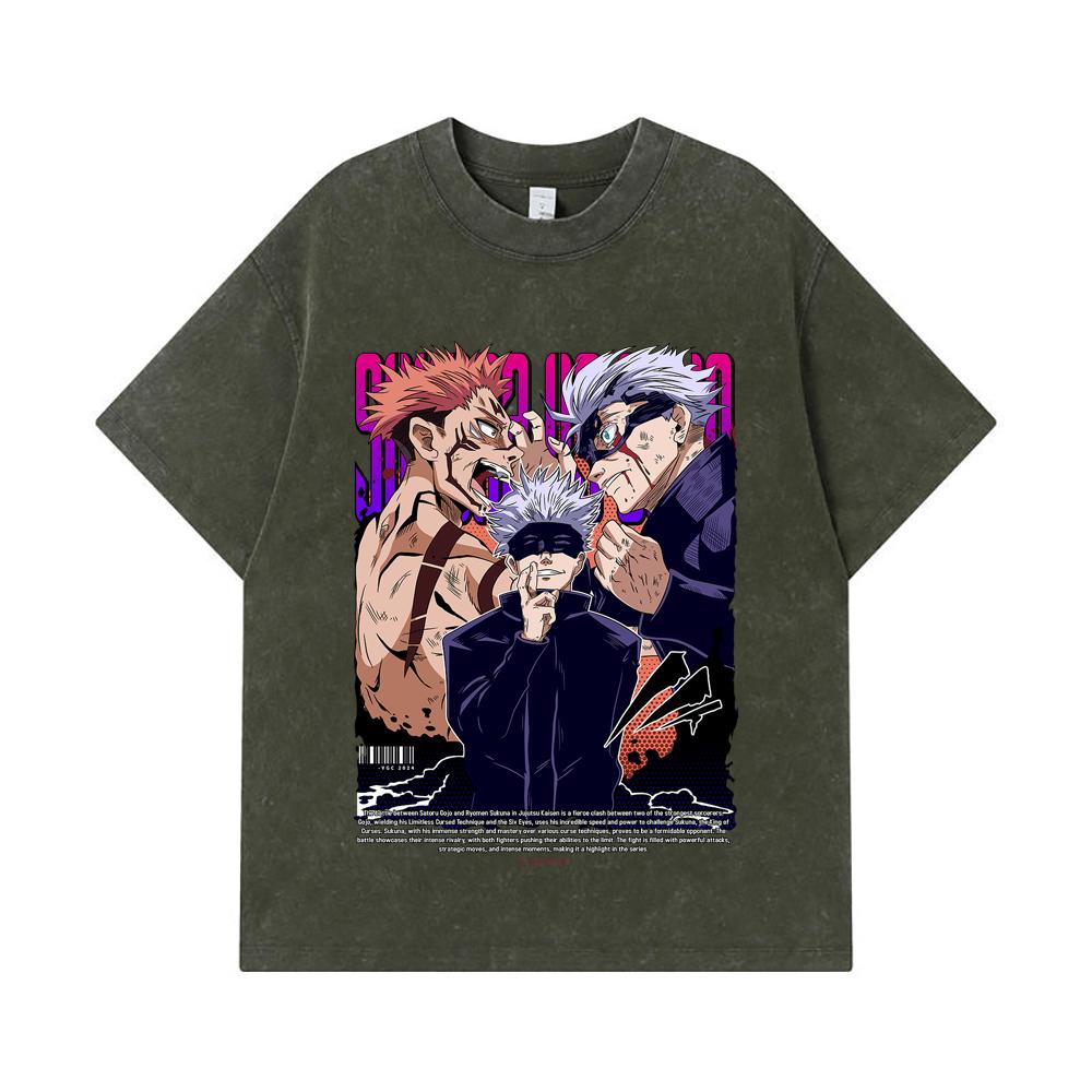 

275 GSM Washed T-shirts 100% Cotton Jujutsu Kaisen V9 Sukuna Gojo Print Unisex Heavy Cotton T Shirt S армия зеленый