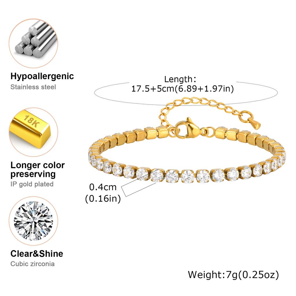 Classic AAA Zircon Tennis Bracelet for Women, Stainless Steel Oval Beads Chain Bracelets, Waterproof Fashion Jewelry Daily Party