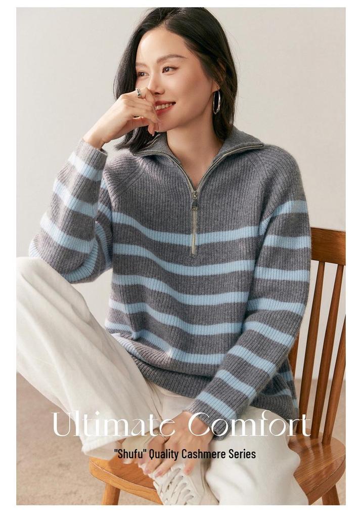 2026 Autumn Winter Women's Cashmere Half-High Collar Zipper Striped Knit Sweater