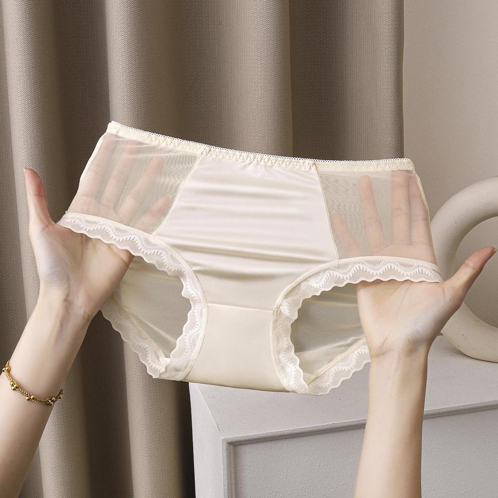 Women's Mid-Waist Ice Silk Lace Underwear - Summer Mesh Satin, Sexy Solid Color with Cotton Crotch
