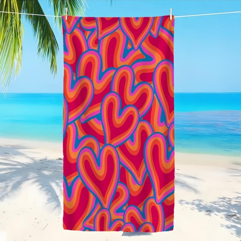

Psychedelic Heart Beach Towel, Colorful Wavy Pattern, Retro Art Design, Quick Dry Microfiber, Gift for Beach Lovers W30*H60(CM)