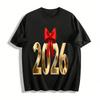 2026 Nouvel An Thème Nombre Doré Nœud Rouge Imprimé Haut Décontracté T-shirt en Coton Pur