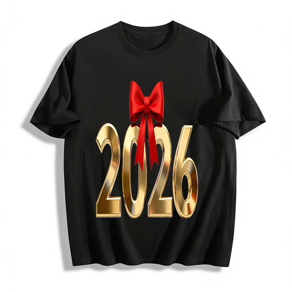 

2026 New Year Themed Gold Number Red Bow Print Casual Top Pure cotton T-shirt XXS