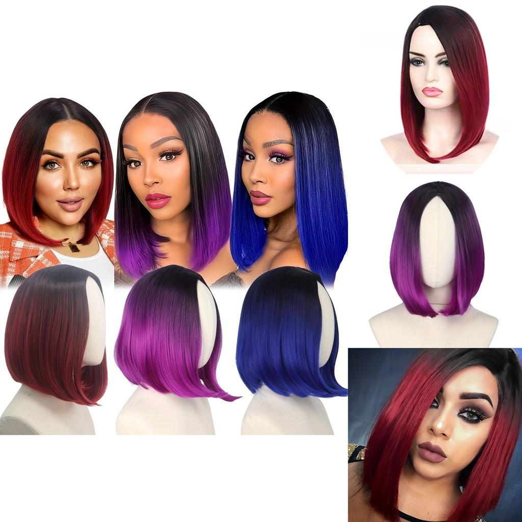 Premium Short Wig With Middle Part For Women Black Blue For Cosplay