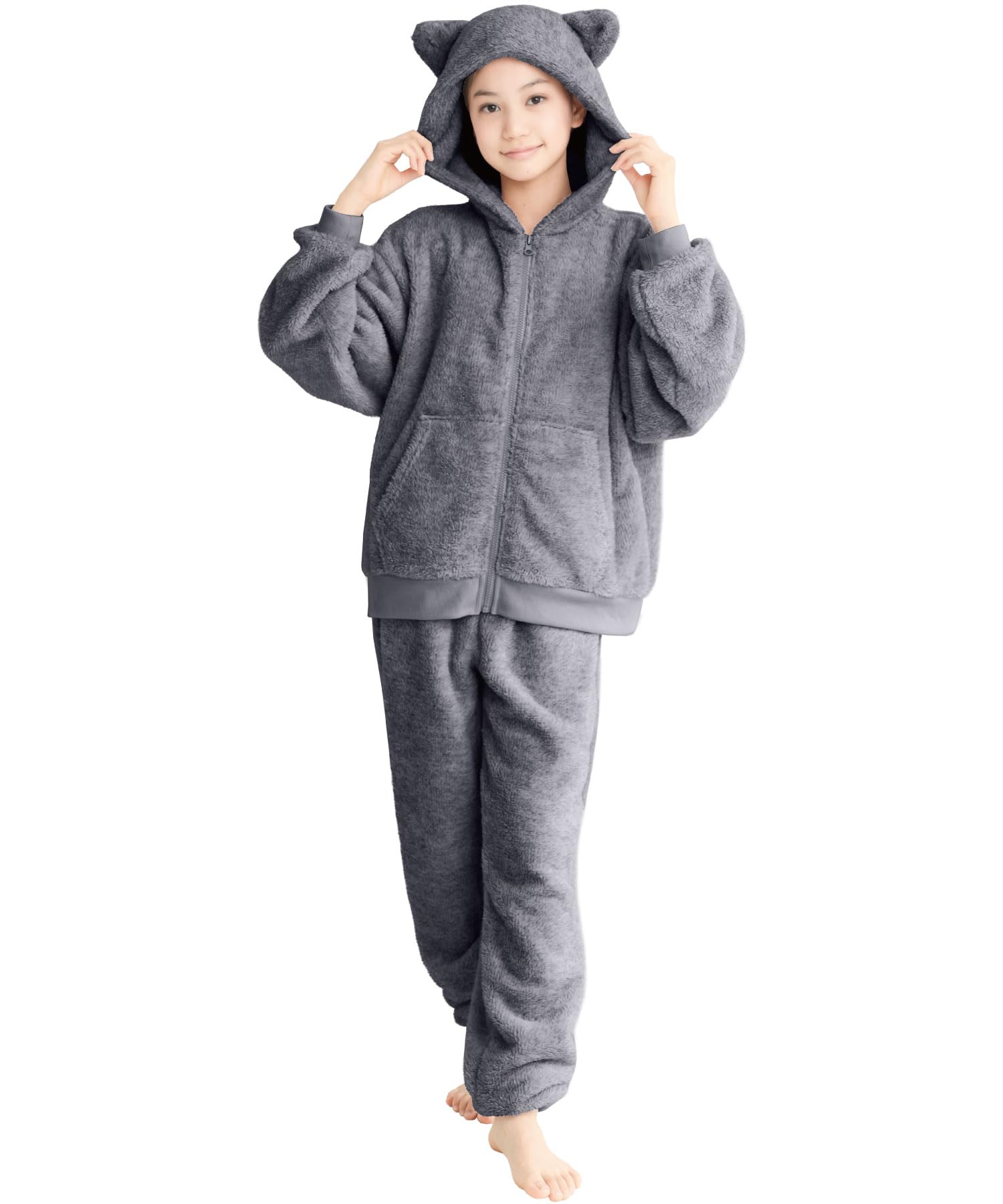 

ON NISHIKI Long Sleeve Winter Fluffy and Featuring Cat Ears and Melange Hooded Top and Pants Size Women s Pajamas, Warm, Boa, Open-Front, (Charcoal,