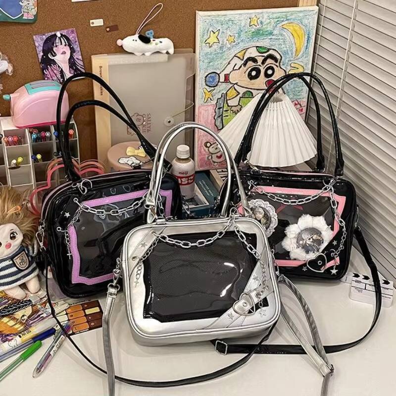 Y2K Cool Hot Ita Shoulder Bag Harajuku Girls Gothic Chain Transparent Tote Bag Large Capacity Crossbody Bag DIY Display Handbags