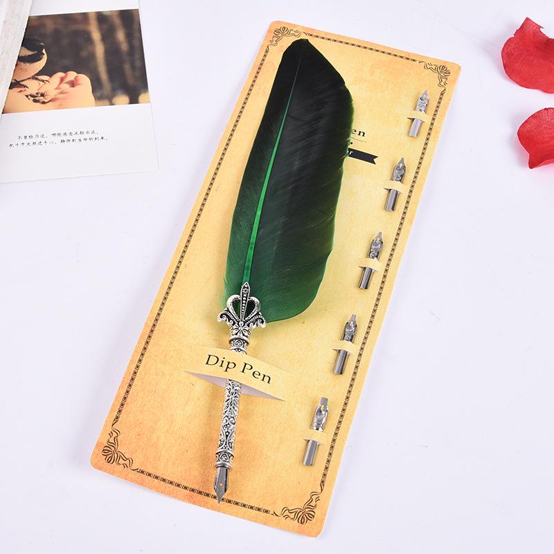 

Креативное ретро перо индейки цветок корпус круглый корпус макательное перо набор огненной краски подарок на День учителя зелёный