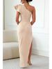 European & American Women's One-Shoulder Cutout Ruffle Sleeve Slit Evening Dress - Solid Color 8082