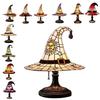 Stained Glass Witch Hat Lamp Vintage Witchy Halloween Night Lights - 7in | USB Powered Gothic Wizard Hats Night Light Halloween Home Decor Accent
