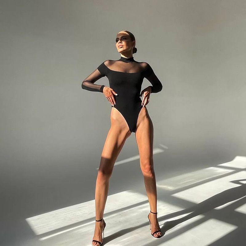 

Модный Элегантный Сексуальный Комбинезон с Прозрачной Сеткой в Стиле Пэчворк Чистое Желание Длинные Рукава Модный Классический Легчайший для Сочетания Топов Мода Black black yarn L