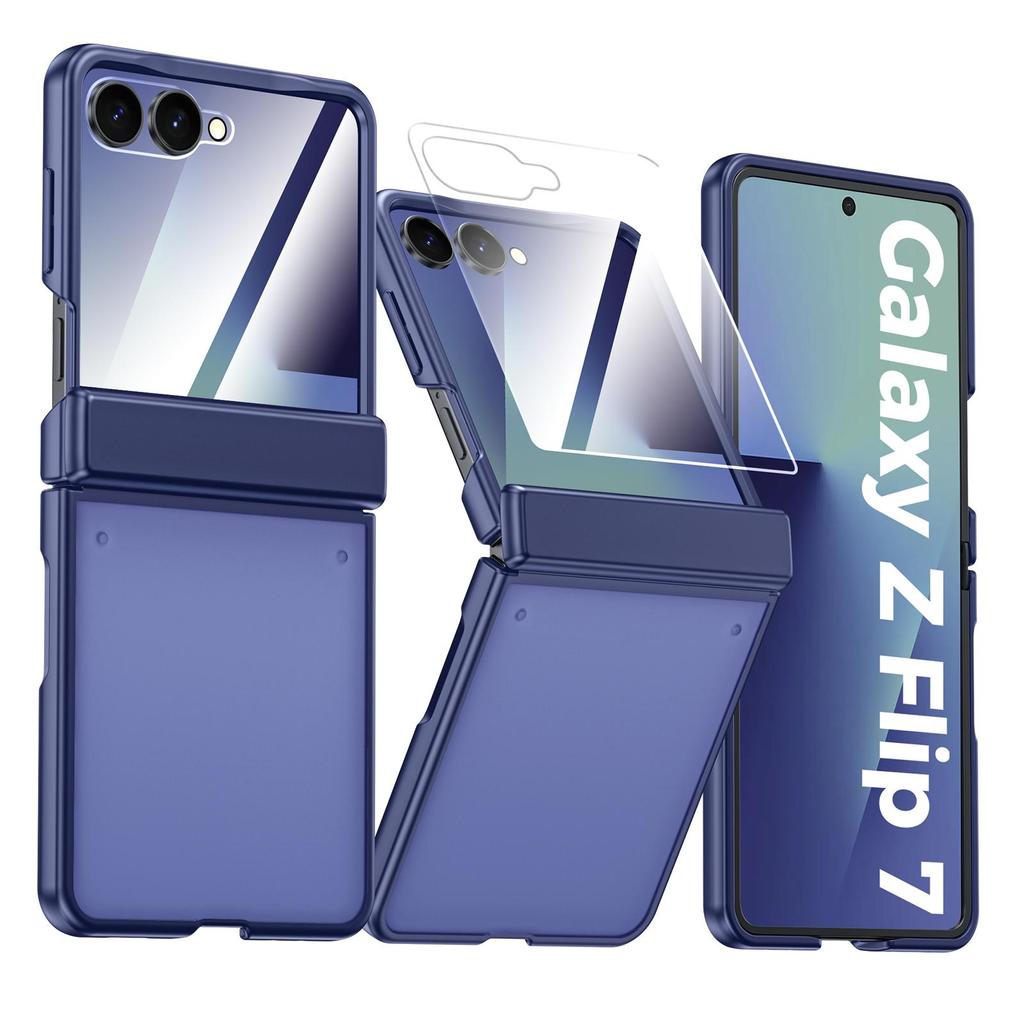 Translucent Matte Protective Case with Tempered Glass Screen Protector for Samsung Galaxy Z Flip 7, Hinge Protection Slim Cover-Black