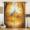 2pcs Autumn Maple Leaf & Cottage Scenery Curtains - 100% Polyester Ginkgo Tree & Castle Print Semi-Transparent Machine Washab