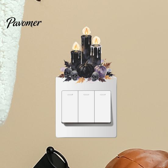 Removable Light Switch Skins Black Candle Pumpkin Skull Sticker, Halloween Dark Fairy Tale Cover Decals Wall Decal, Spooky Socket Outlet Decor