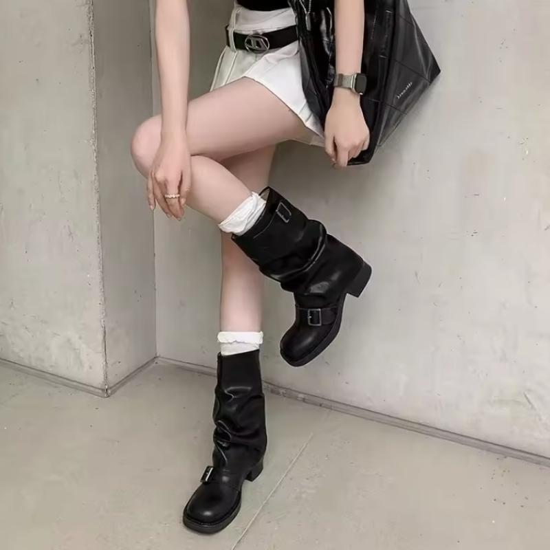 Fashion Luxury Women's Boots Slip on Female Mid-calf Boots Retro Biker Boots Fashion Block Heels Women Shoes Pu Leather Zapatos De Mujer