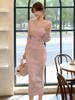 S Family French Pink V-Neck Knit Dress - Autumn/Winter Waist-Cinching, Elegant Coat Style