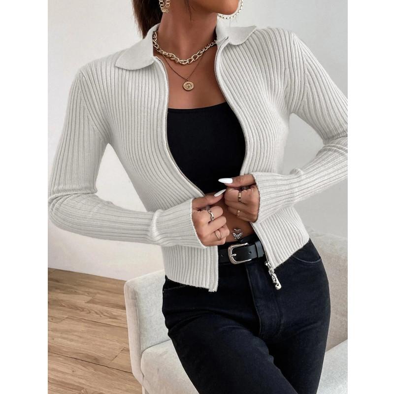 Dvojitý zip Žebrovaný pletený cardigan Dámský Crop Cardigan Přiléhavý sexy klopa Podzimní zimní svetr s dlouhým rukávem