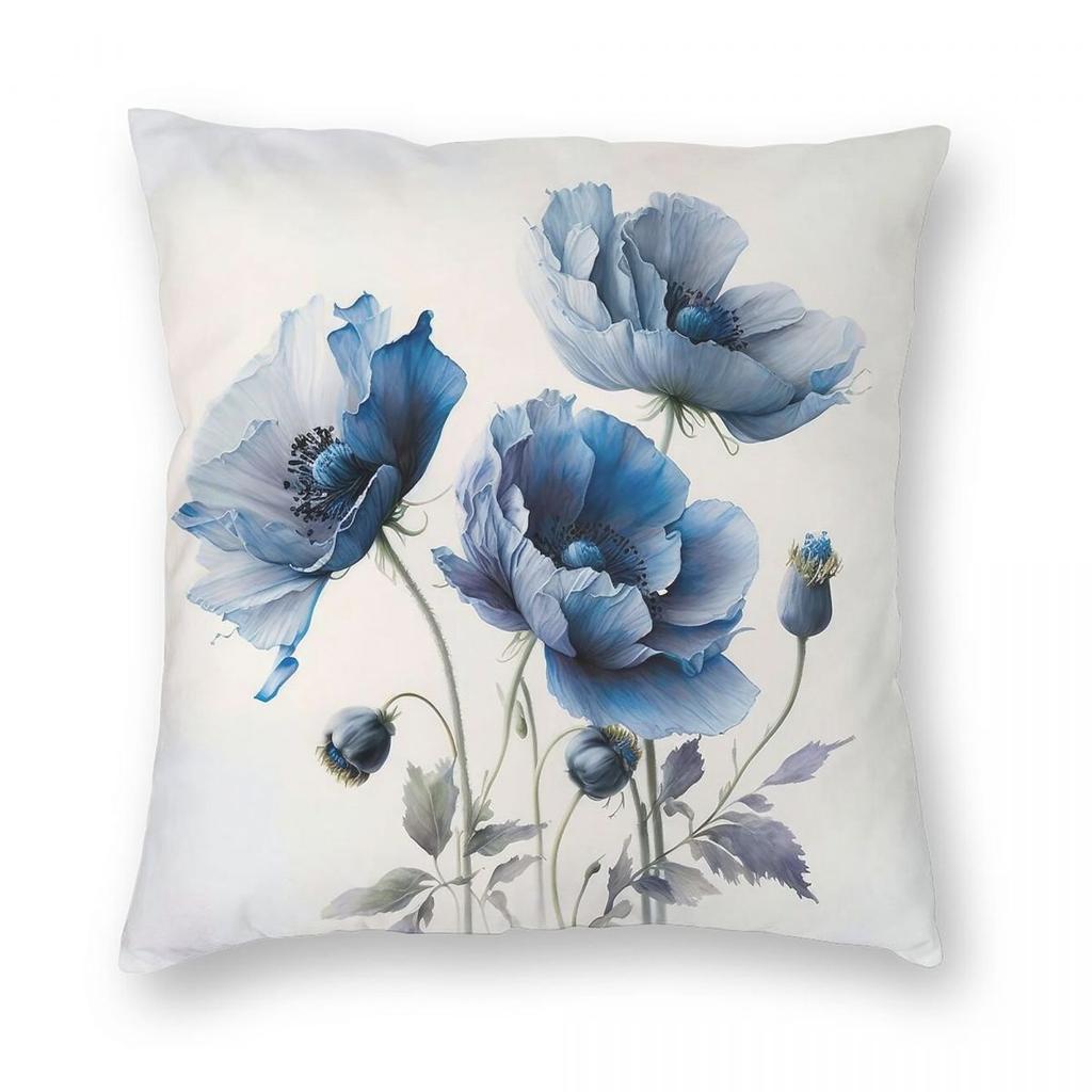 Blue Poppy Flowers Square Pillowcase Polyester Linen Velvet Creative Zip Decorative Home Cushion Cover X