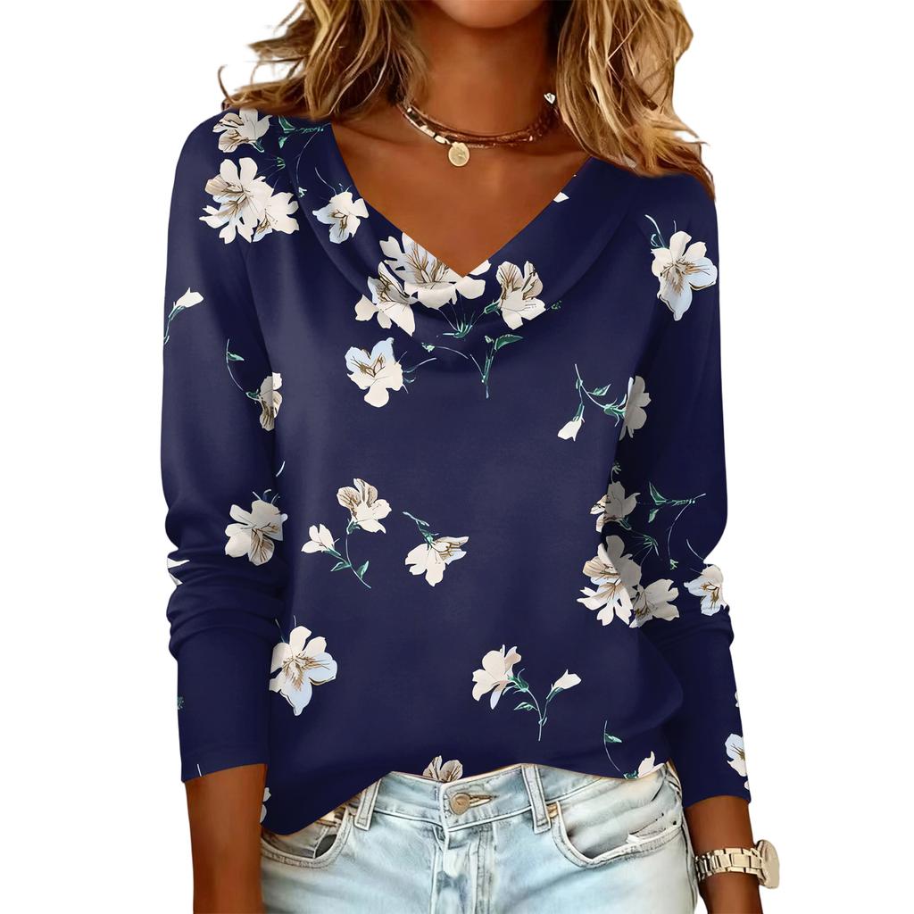 Ladies' Floral Printed Casual And Fashionable Long Sleeved Pullover Top