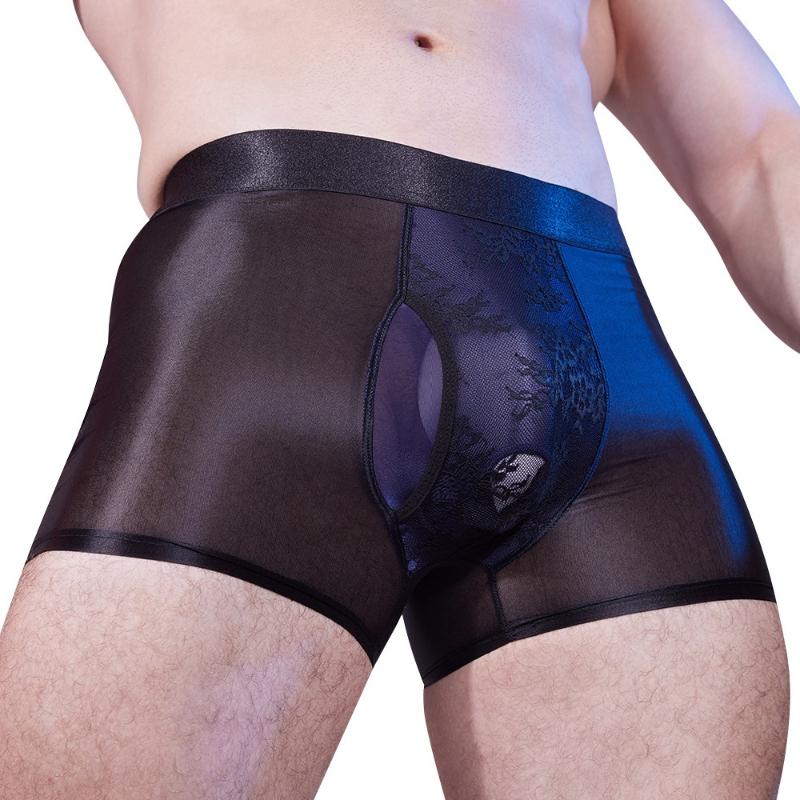 Men Sexy Boxer Panties Oil Shiny Glossy Underwear Lace Side Open Pouch Underpants Smooth Breathable Ultra-Thin Hip Lift Boxers