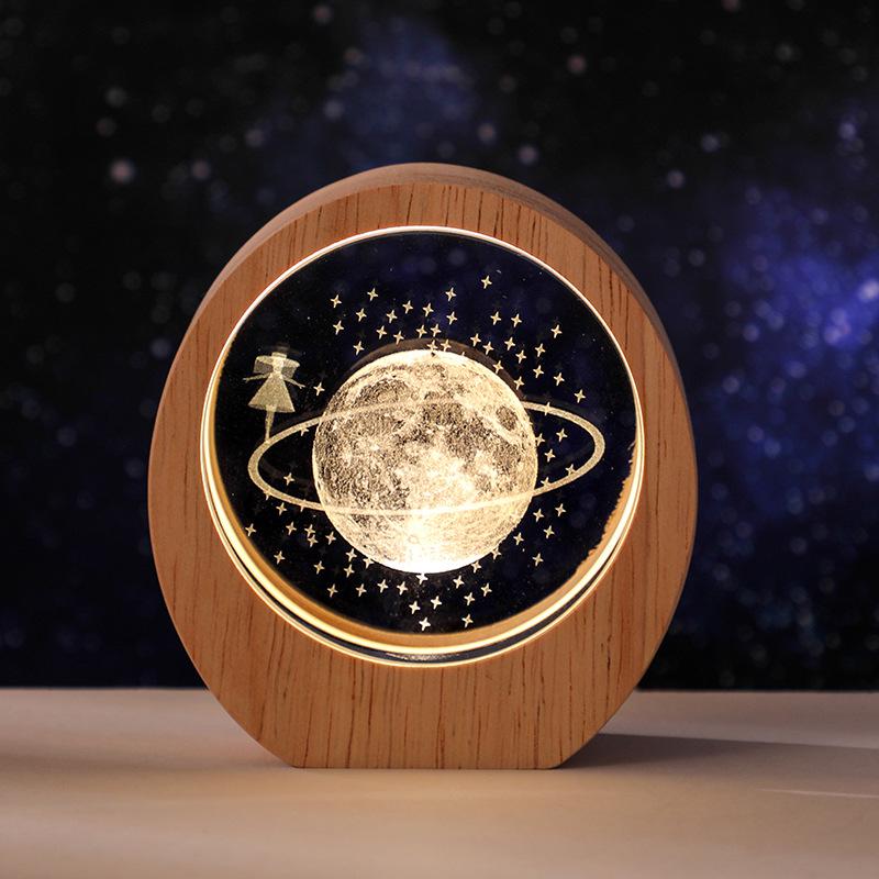 Planet Night Light 3D Inner Engraving Luminous Crystal Desktop Ornament Wooden Base