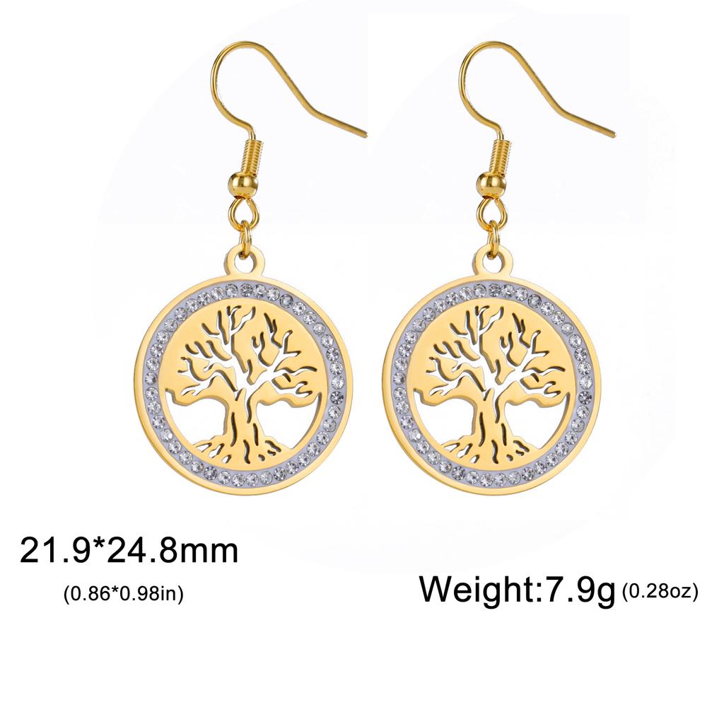 Tree of Life Women's Earrings Stainless Steel Gold Clear Zircon Round Pendant Dangle Earring Amulet Jewelry Gift