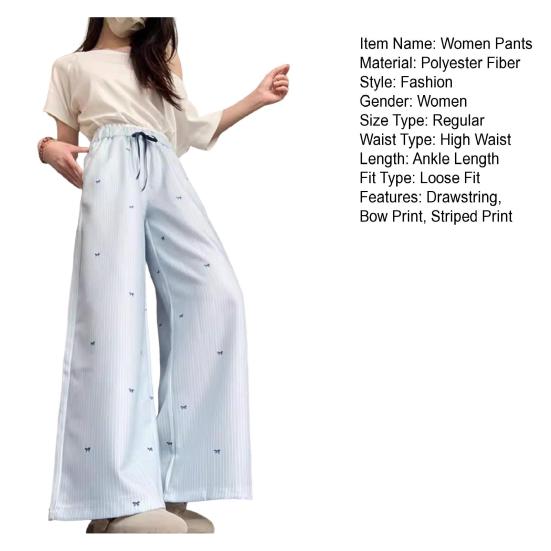 Women Pants Light Blue White Vertical Stripes Loose Straight Cut Long Trousers Bow Print Adjustable Drawstring High Waist Elastic Waistband