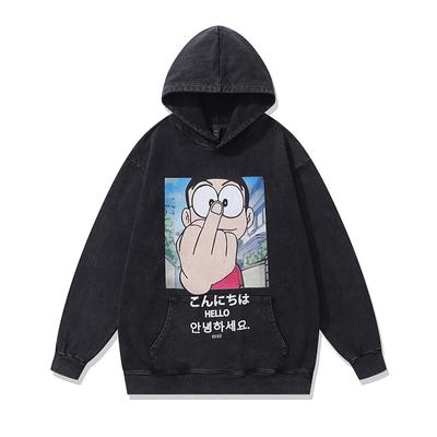 Trendy Brand Washed Hooded Sweatshirt Japanese Street Hip Hop Cartoon Print Hoodie Vintage Vintage Jacket Men'S And Women'S Fashion