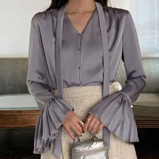 Women's Spring Solid Color Elegant Design Loose Blouse Solid Color Gentle Flutter Top