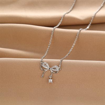Xiaohongshu Same Full Diamond Bow Necklace Women'S High Sense Trend Versatile Collarbone Chain Accessories