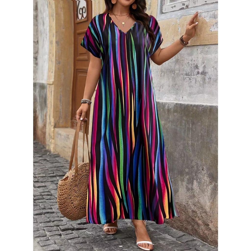 IHUASU Spring Summer Women's Fashion Print Under Slit Plus-size Women's Dress Women