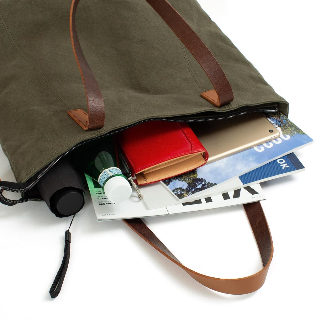 [Doubles] A4 Tote Bag with Zipper, Single-Flap, Made of Japanese No. 10 Paraffin Bio-Treated Canvas and Italian Tanned Cowhide Leather (BQZ-7433)