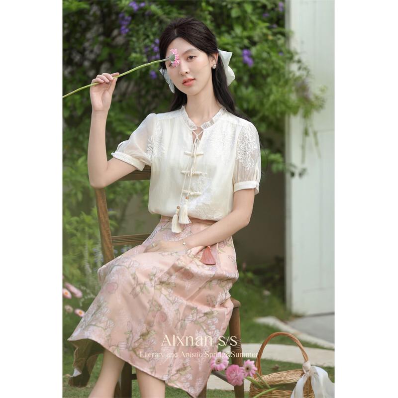 Zhili New Chinese Style Women's Short-Sleeve Shirt & Skirt Set