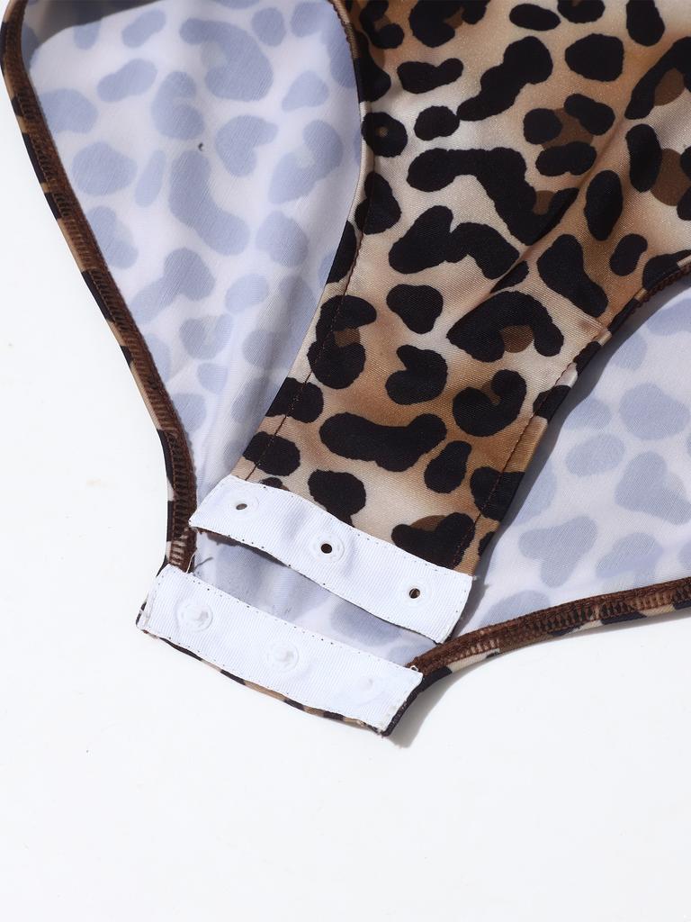 Kids Girls Leopard Printed Gymnastics Ballet Leotards Dance Performance Costume Rhinestones Caveman Jumpsuit with Oversleeve